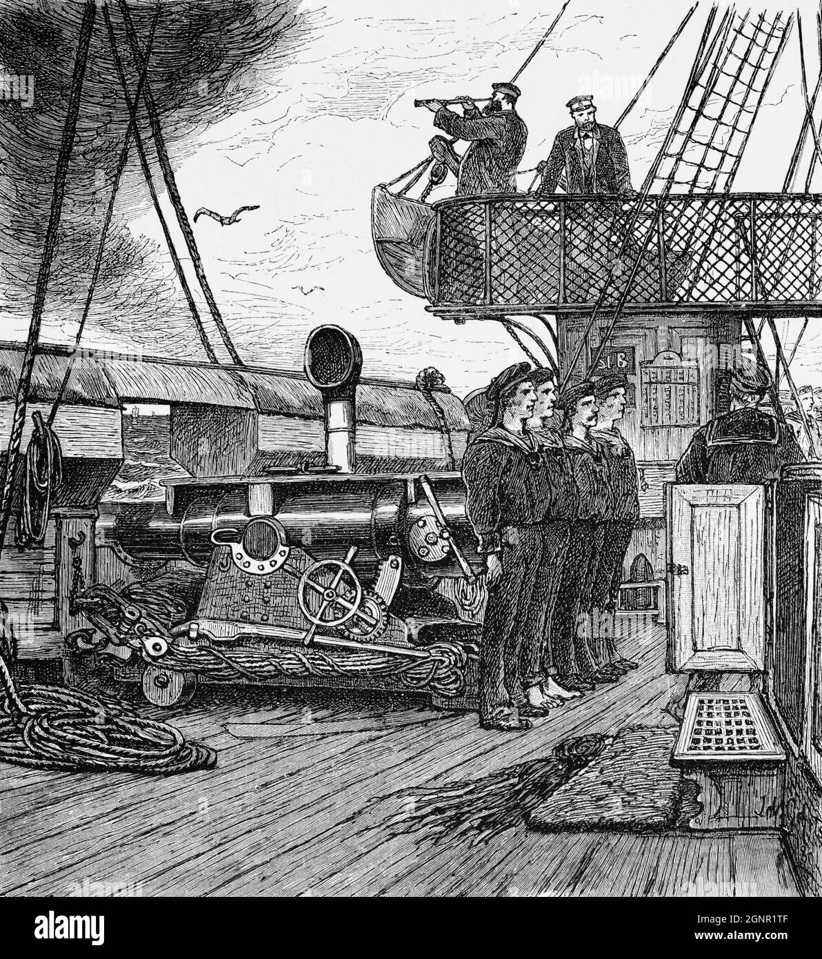 Exercices à bord du navire de bataille Aviso 'Habicht' ou 'Hawk', quelque part sur la mer du Nord, probablement près de Bremerhaven, illustration historique 1880, Banque D'Images