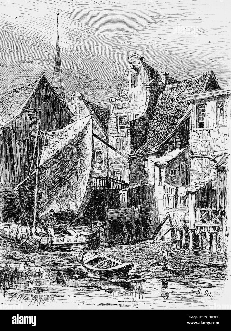 Marée basse dans la ville d'Emden sur la rivière EMS, un quartier pauvre, avec des bâtiments délabés, Frise orientale, Basse-Saône, Allemagne, illustration historique 1880, Banque D'Images