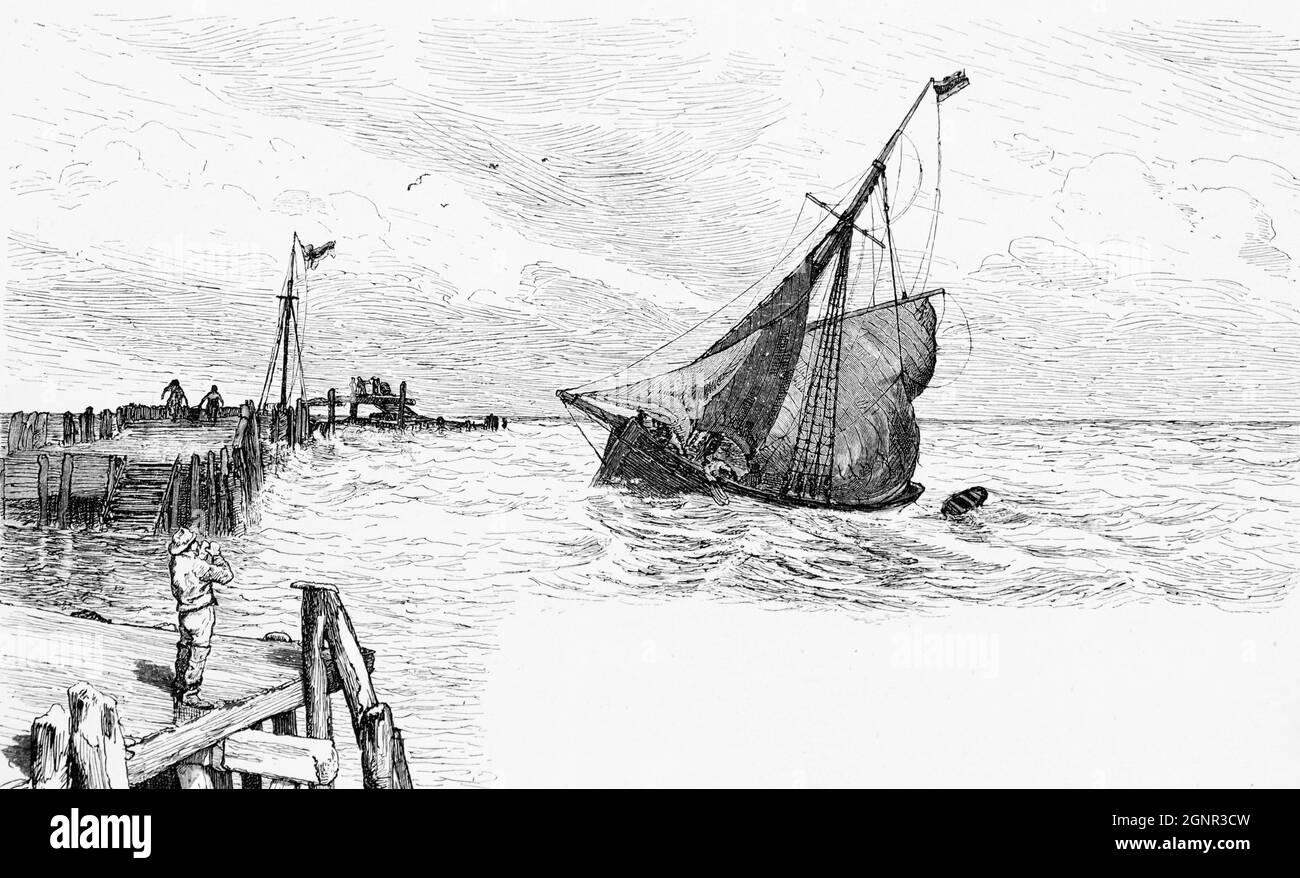 Bateau à voile arrivant au port d'Emden depuis la mer du Nord, la Frise orientale, la Basse-Saxe, le nord de l'Allemagne, illustration historique 1880, Banque D'Images