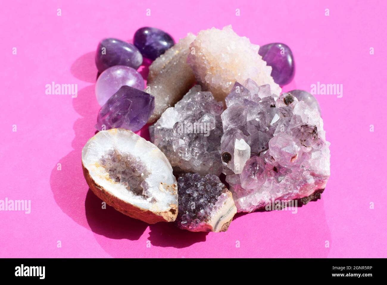 Belles pierres précieuses, géode d'améthyste et drases d'améthyste minéral violet naturel sur fond rose vif. Améthystes et quartz rose. Grand c Banque D'Images