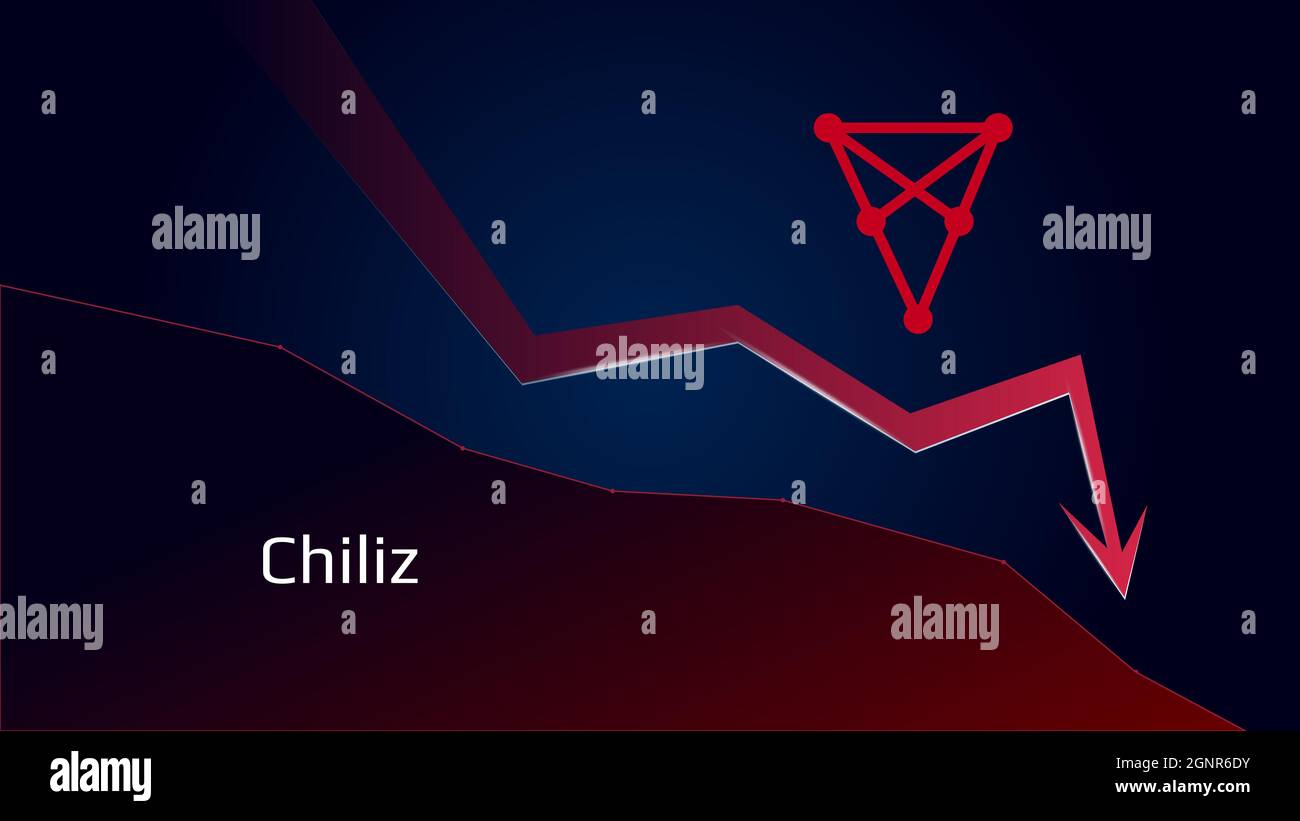 Chiliz CHZ en tendance à la baisse et les prix à la baisse. Symbole de  pièce de crypto-monnaie et flèche rouge vers le bas. Écrasé et tombé. Crise  des échanges de crypto-monnaies
