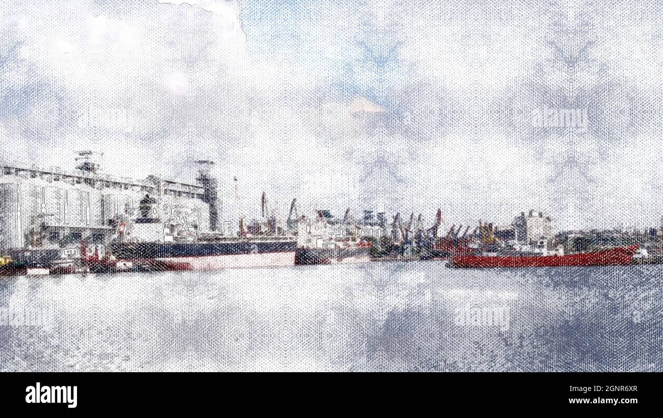 La zone aquatique du port maritime. Des vraquiers, des remorqueurs, des barges et des pétroliers amarrés aux amarrages du port. Banque D'Images