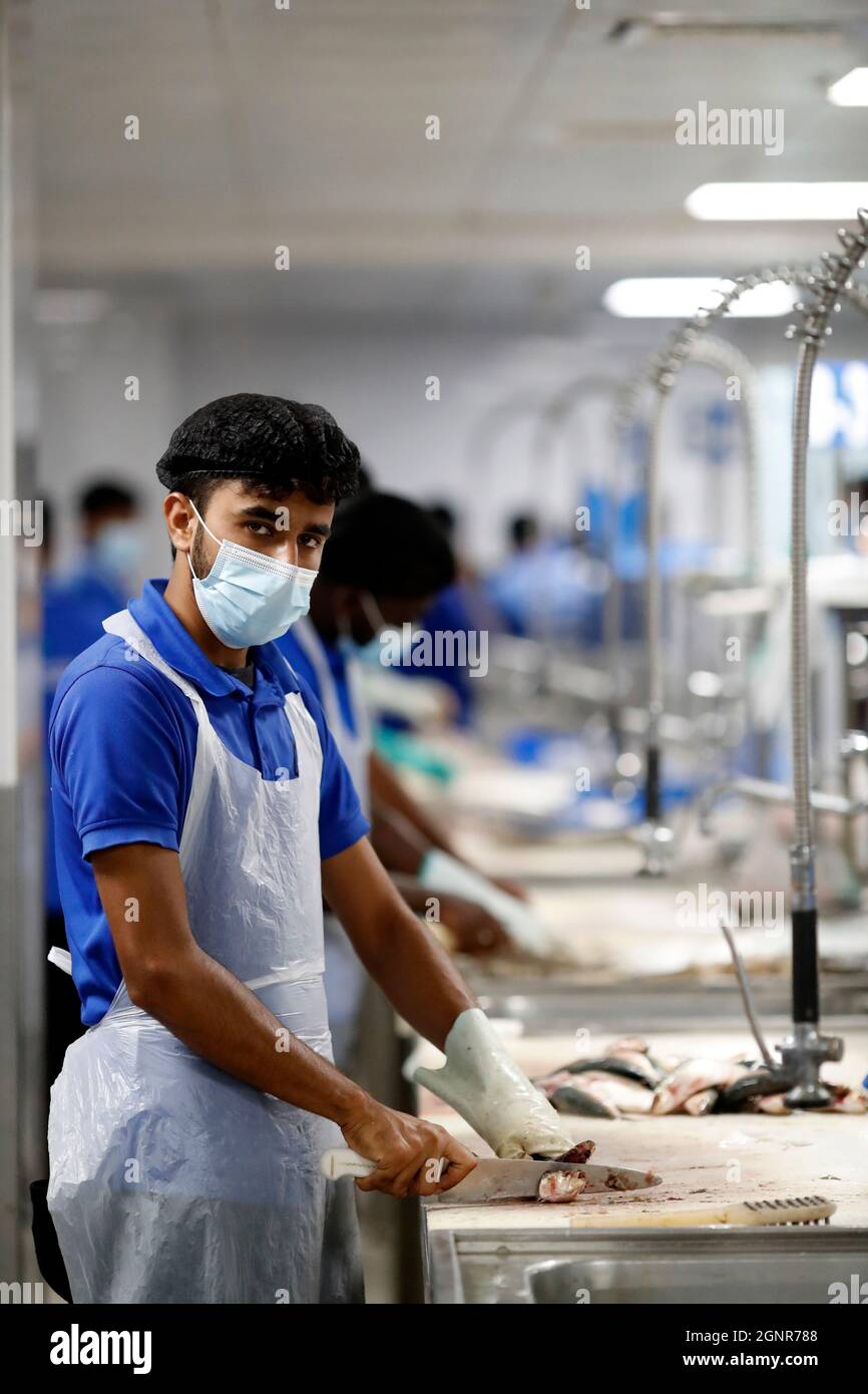 Marché aux poissons de Dubaï. Les travailleurs nettoyant le poisson. Émirats arabes Unis. Banque D'Images