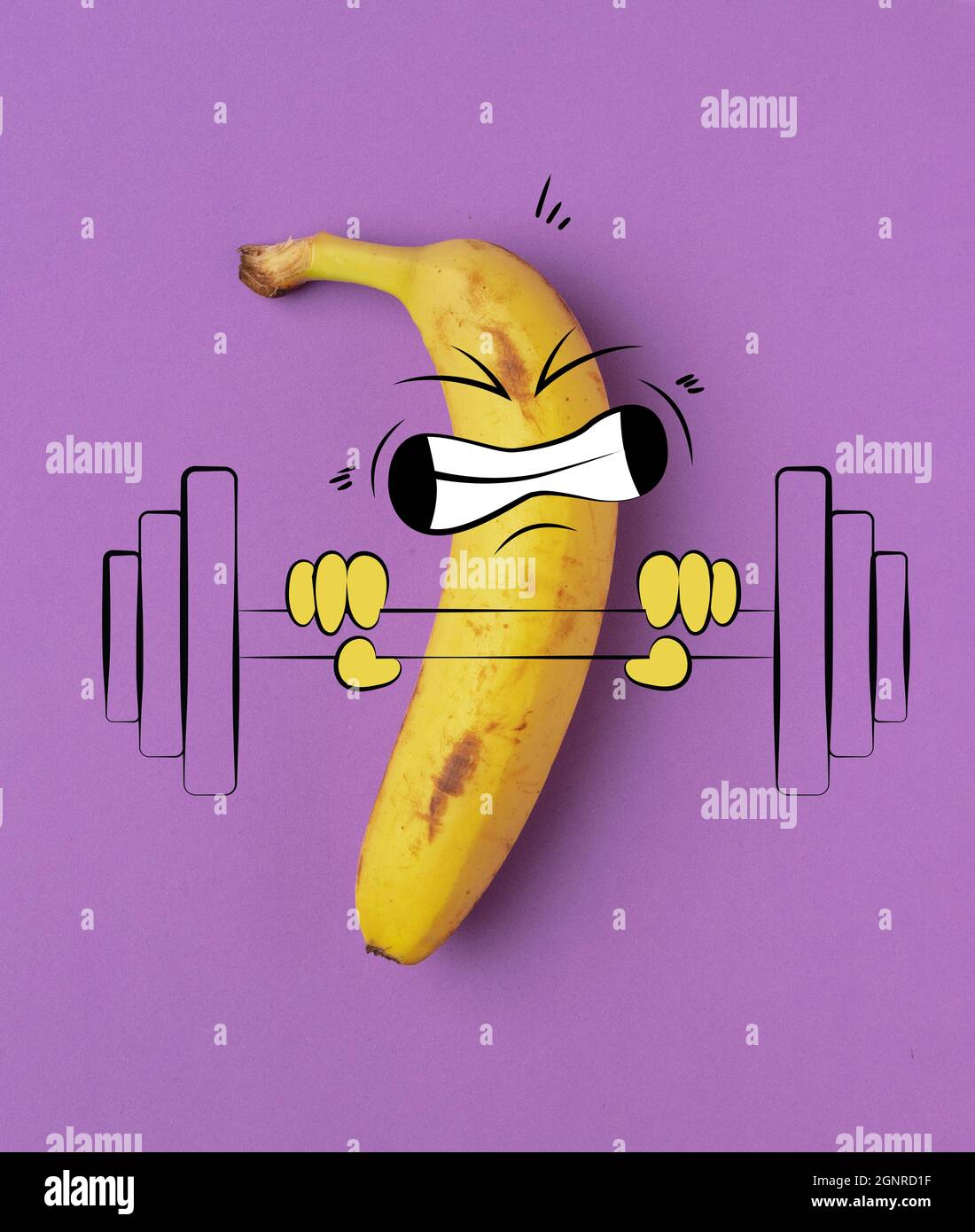 Œuvres d'art. Drôle mignon banane jaune, dude entraînements isolés sur fond violet. Fruit tiré dans un style de dessin animé. Vitamines, mode de vie sain. Banque D'Images