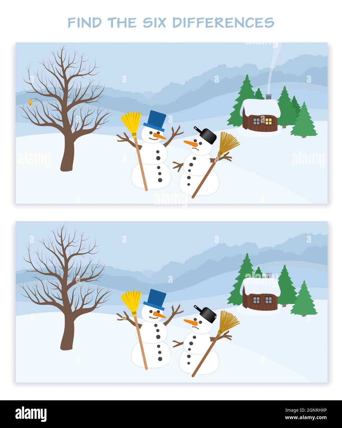 Paysage d'hiver avec six différences. Deux bonhommes de neige, cabane en bois et arbres dans un panorama enneigé de montagne. Puzzle de Noël amusant. Banque D'Images