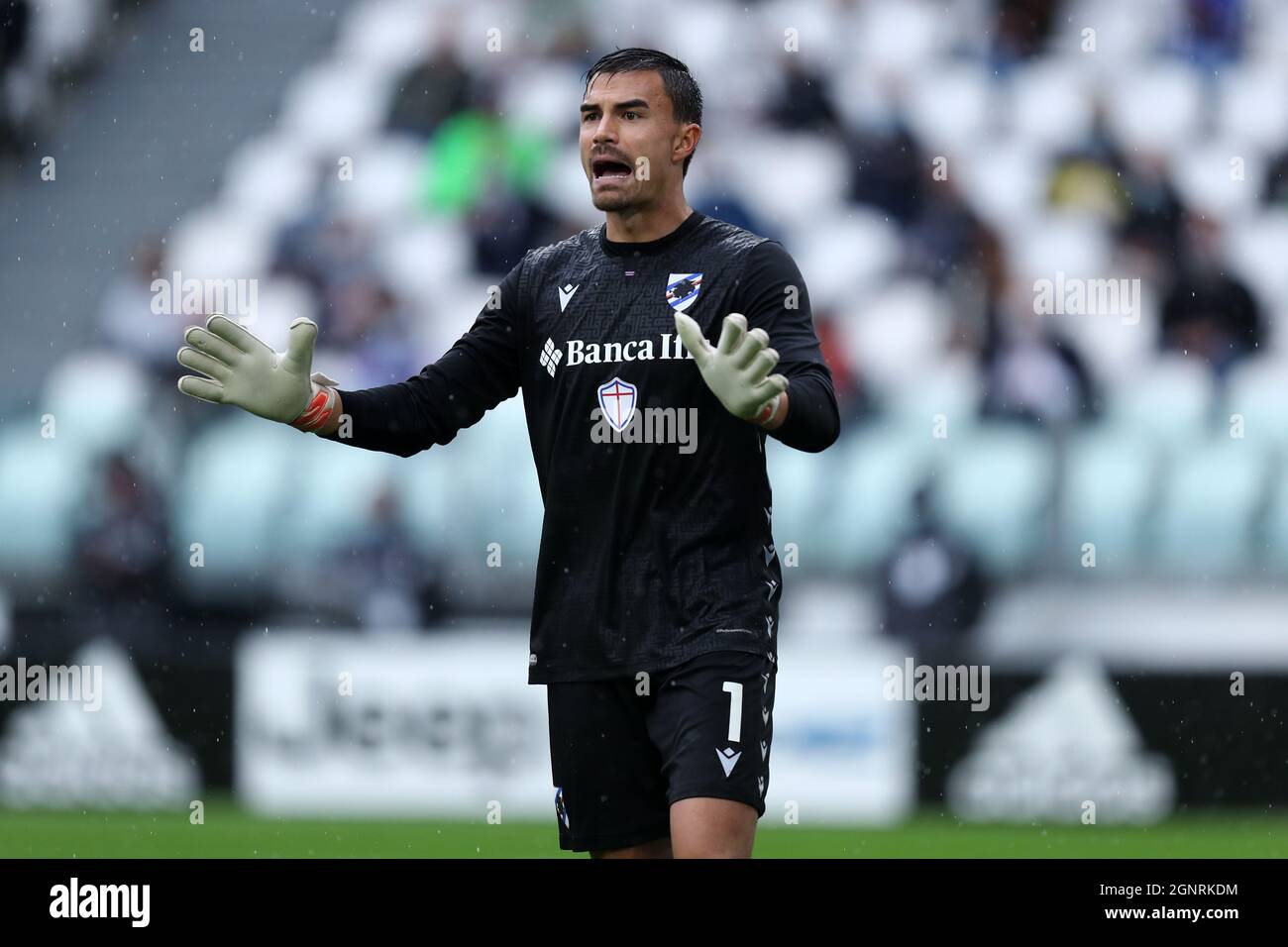 Emil Audero de UC Sampdoria gestes pendant la série Un match entre Juventus FC et UC Sampdoria. Banque D'Images