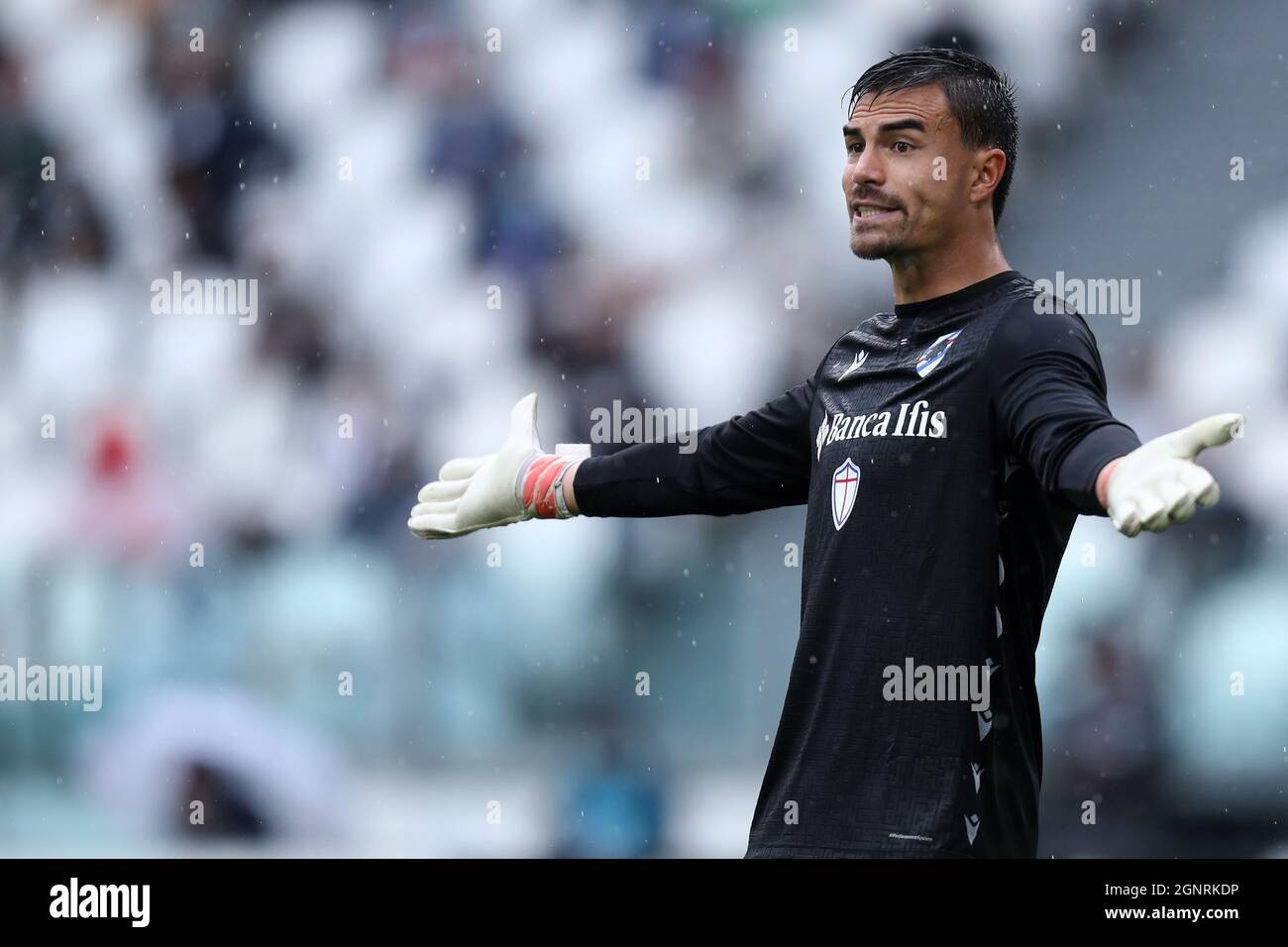Emil Audero de UC Sampdoria gestes pendant la série Un match entre Juventus FC et UC Sampdoria. Banque D'Images