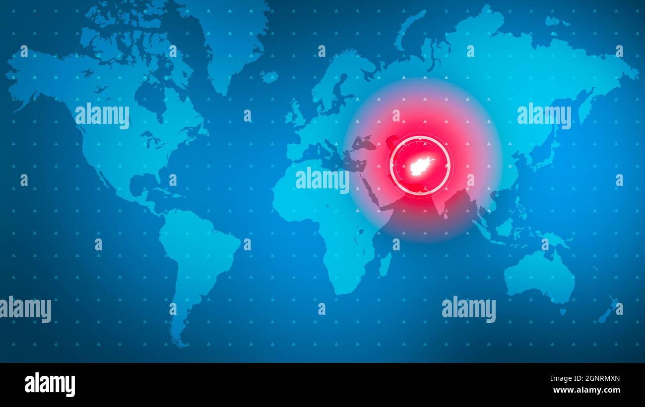 Carte du monde avec Afghanistan mis en évidence. Carte politique, cible militaire. Attaque de hacker. Profitez de l'économie du pays Banque D'Images