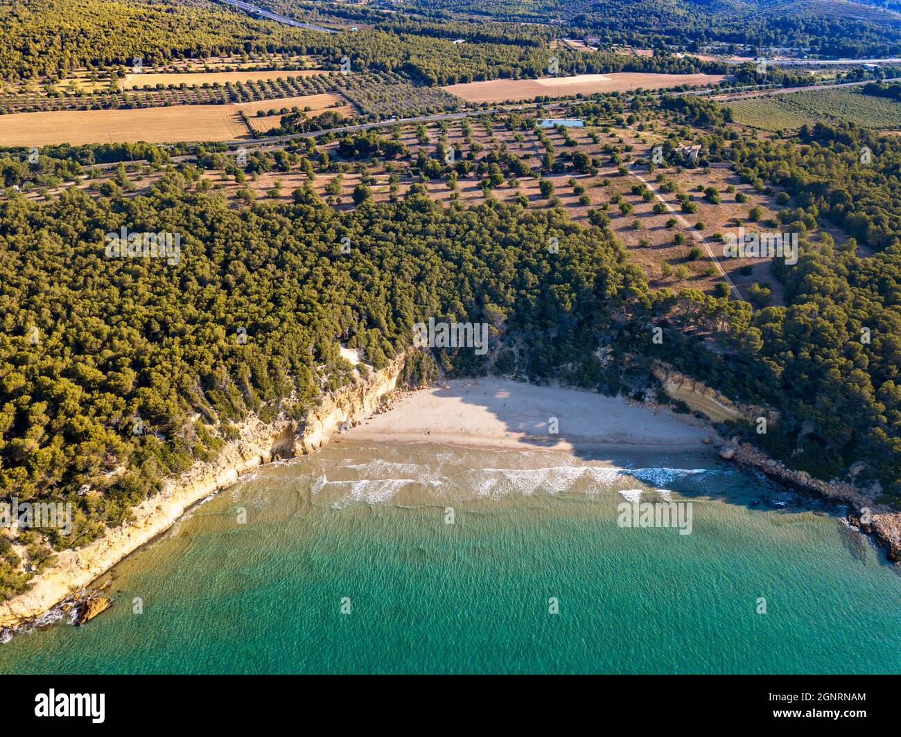 Vue aérienne de la plage de Cala Waikiki également Cala Fonda près du village de Begur à Tarragone dans les bois de Marquesa de Catalogne Espagne. Bien protégé par certains Banque D'Images