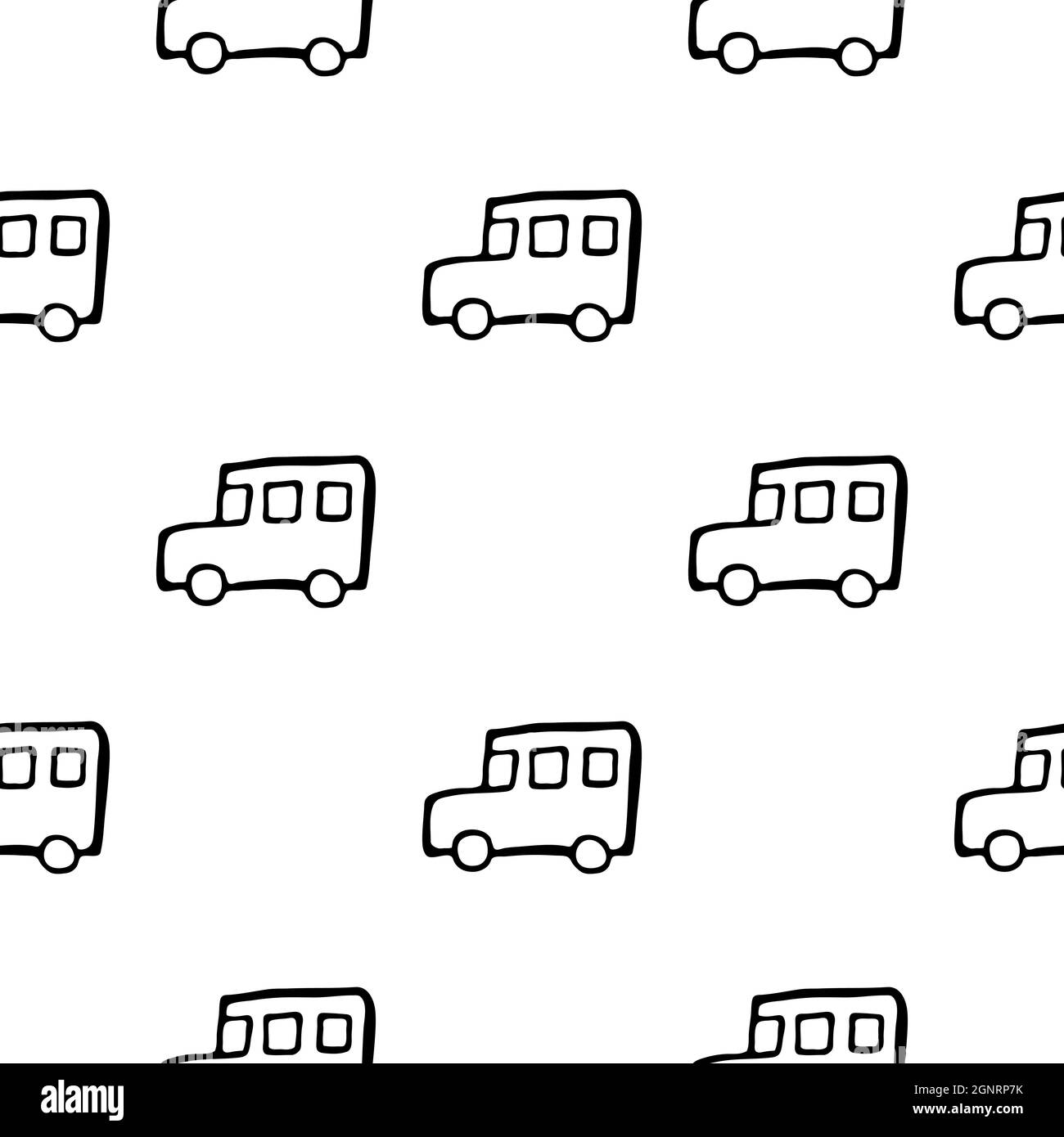 Motif sans couture avec bus scolaire dessiné à la main. Illustration vectorielle de style Doodle isolée sur fond blanc. Pour le design intérieur, le papier peint, l'emballage, Illustration de Vecteur