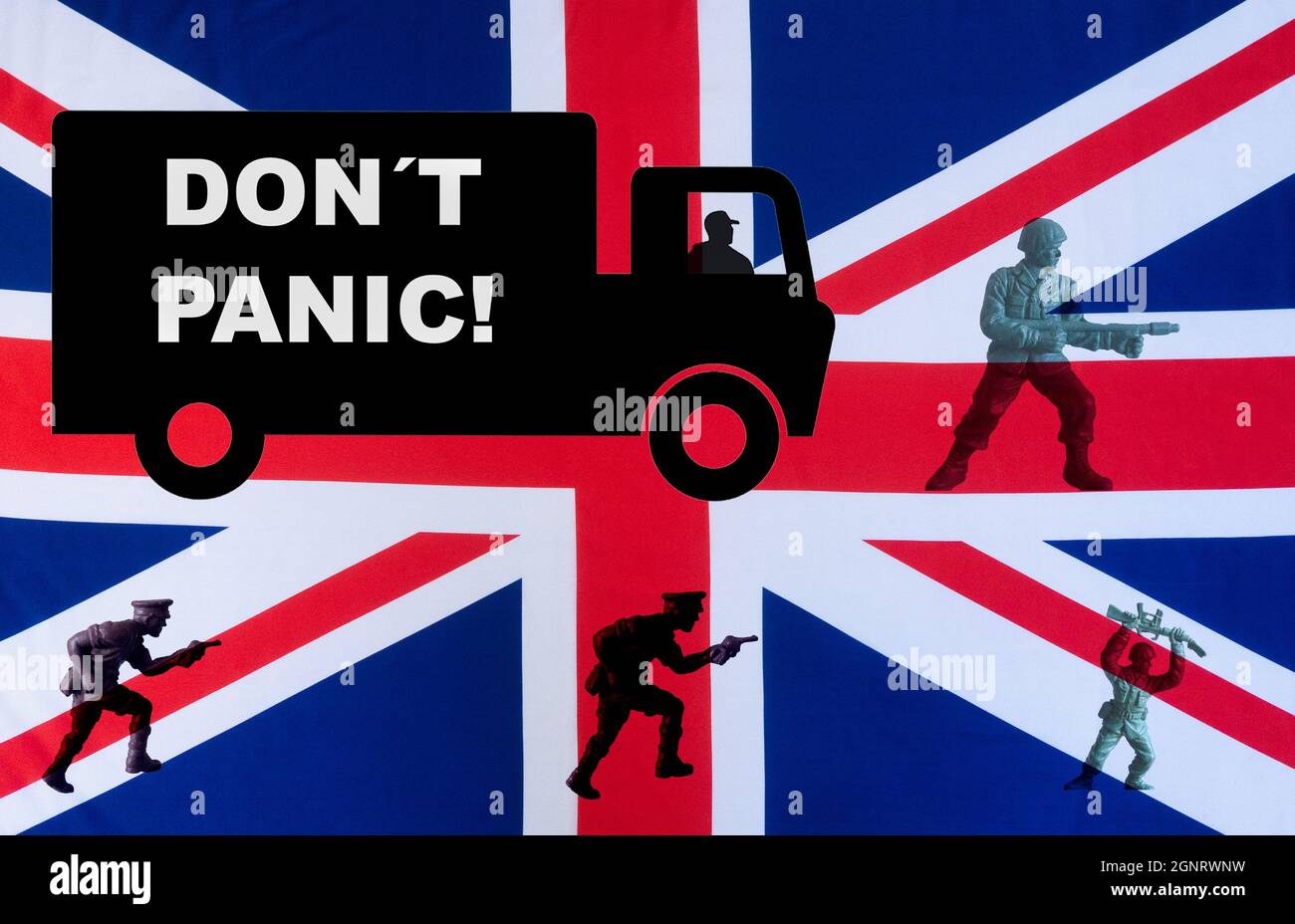 Pénurie de pilotes HGV, panique achetant du carburant, l'armée est en train d'être rédigée pour conduire, Brexit, Grande-Bretagne... concept. Banque D'Images