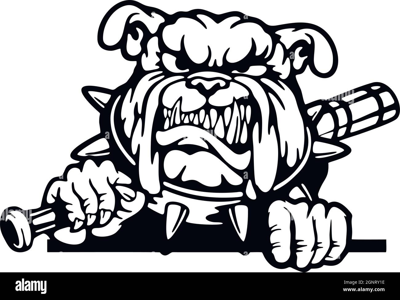 Angry English Bulldog - mauvais chien avec un fusil - stencil vectoriel. Tête de chien avec canon isolé sur blanc Illustration de Vecteur