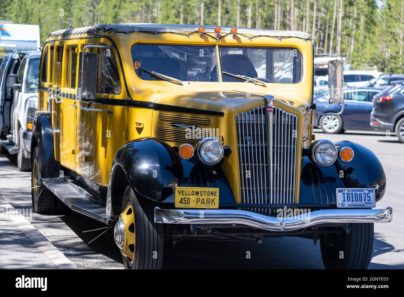 Wyoming, États-Unis - 29 juin 2021 : un classique des années 1940 d'époque White Model 706 jaune autobus scolaire utilisé pour les touristes pour les visites touristiques Banque D'Images