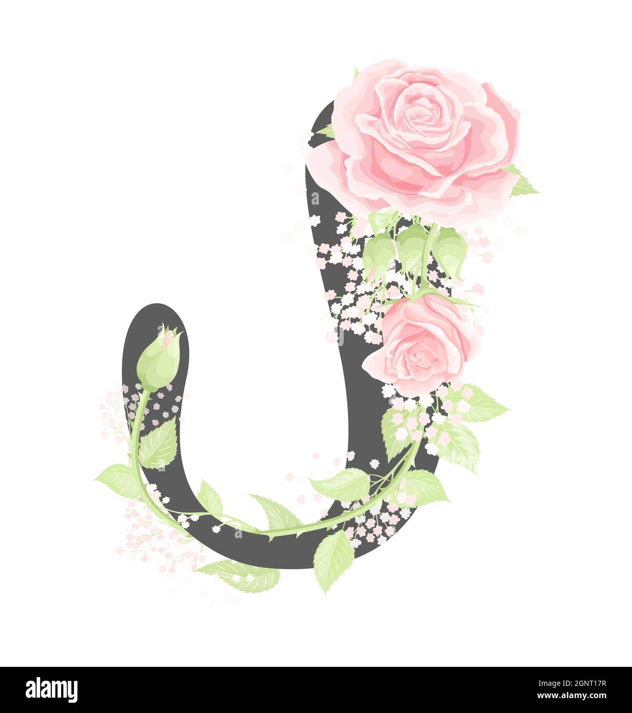 Lettre J de l'alphabet floral vectoriel avec fleurs roses crème et feuilles vertes Illustration de Vecteur