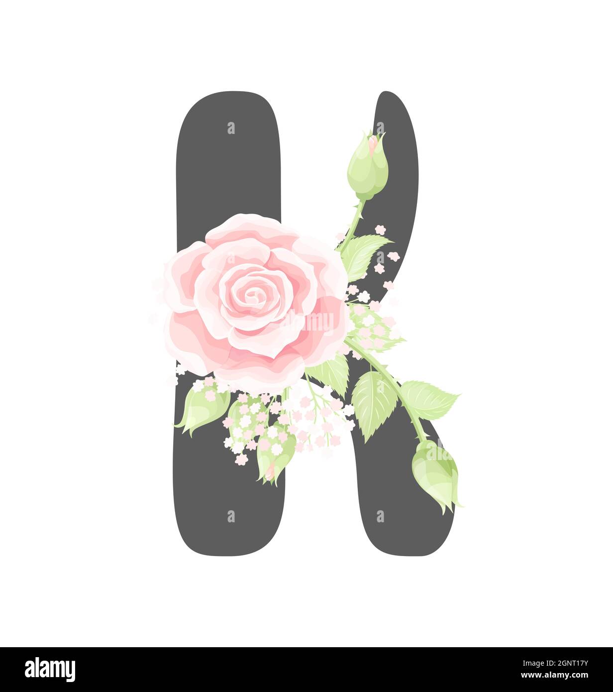 Lettre K de l'alphabet floral vectoriel avec fleurs roses crème et feuilles vertes Illustration de Vecteur
