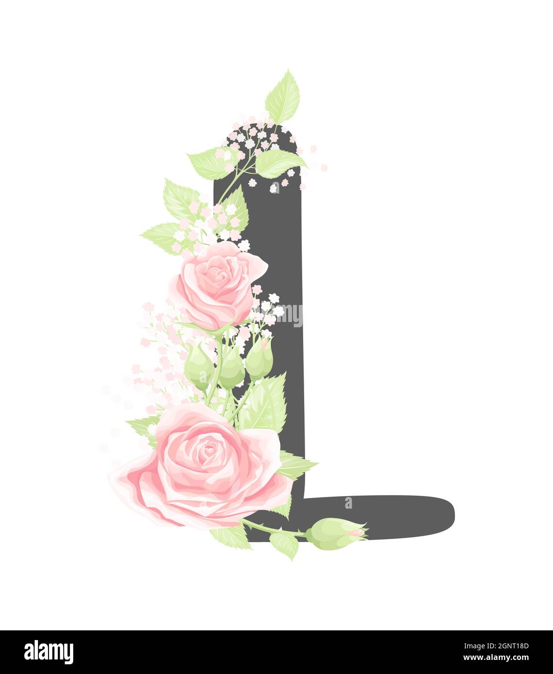 Lettre L de l'alphabet floral vectoriel avec fleurs roses crème et feuilles vertes Illustration de Vecteur