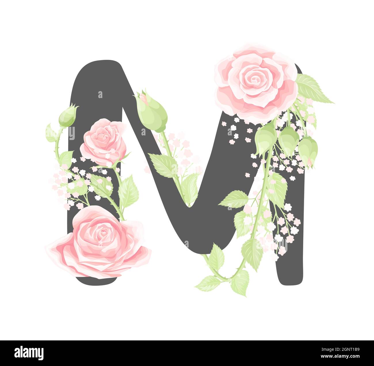 Lettre M de l'alphabet floral vectoriel avec fleurs roses crème et feuilles vertes Illustration de Vecteur