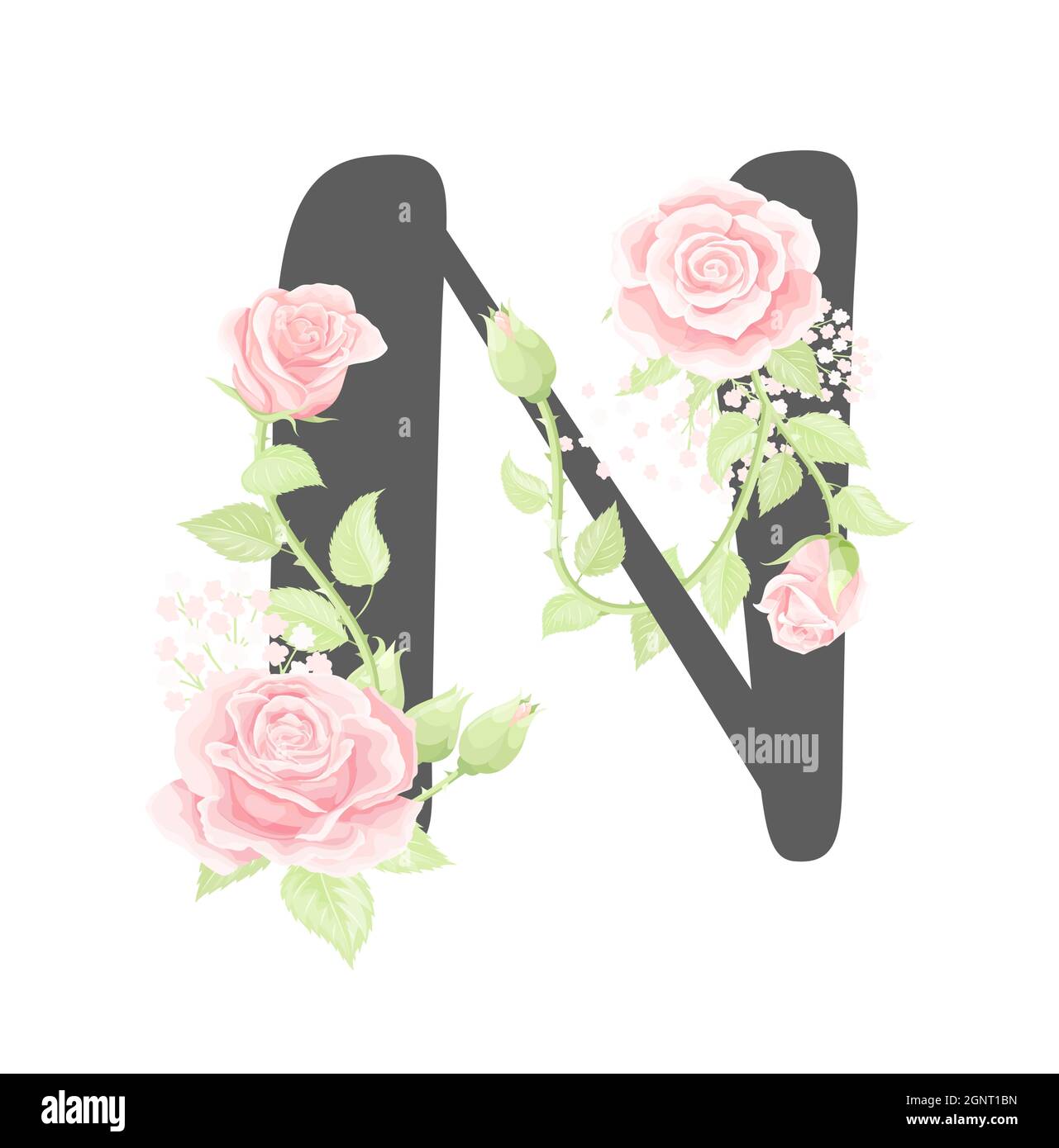 Lettre N de l'alphabet floral vectoriel avec fleurs roses crème et feuilles vertes Illustration de Vecteur