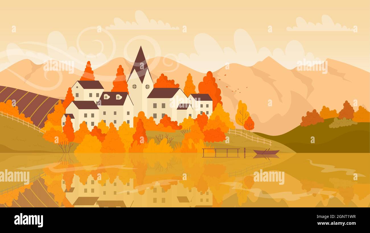 Village européen sur le lac en automne paysage illustration vectorielle. Paysage d'automne pittoresque de dessin animé dans les couleurs d'automne orange jaune, petites maisons de ville et reflet dans les eaux calmes du lac en Europe Illustration de Vecteur