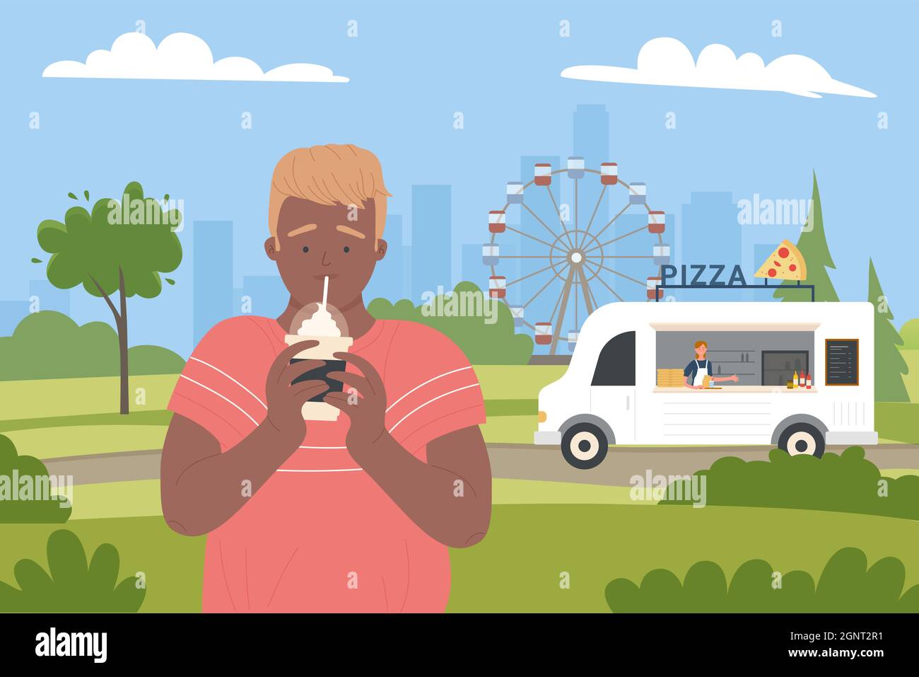 Un jeune homme boit de la boisson douce froide dans le parc de la ville équitable illustration vectorielle. Festival de dessin animé paysage urbain du parc d'expositions d'été avec camion de restauration rapide de pizza et les gens, fond de divertissement de fête Illustration de Vecteur