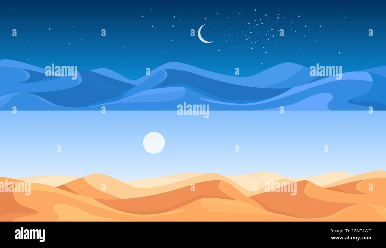 Scène du paysage du désert égyptien et dunes de sable définir l'illustration vectorielle. Paysages panoramiques de la nature de dessins animés avec horizon sans fin sec chaud de la terre de jour et de nuit, désert en arrière-plan de l'Afrique Illustration de Vecteur