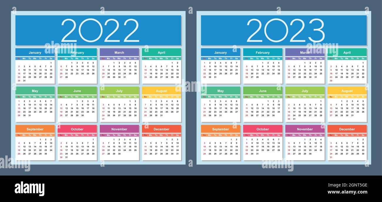 Calendrier 2023 Coloré Calendrier Coloré Pour 2022 Et 2023 Ans. La Semaine Commence Le Dimanche.  Illustration Vectorielle Isolée Image Vectorielle Stock - Alamy
