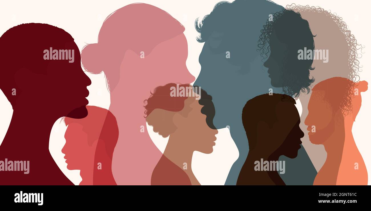 Silhouettes visages en profil de personnes multiethniques et multiculturelles. Concept de psychologie. Résoudre des problèmes psychologiques. Communication. Équipe Illustration de Vecteur