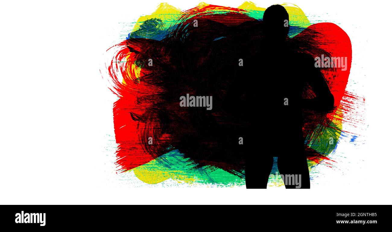 Silhouette de la joueuse de handball féminine contre les coups de pinceau multicolores sur fond blanc Banque D'Images