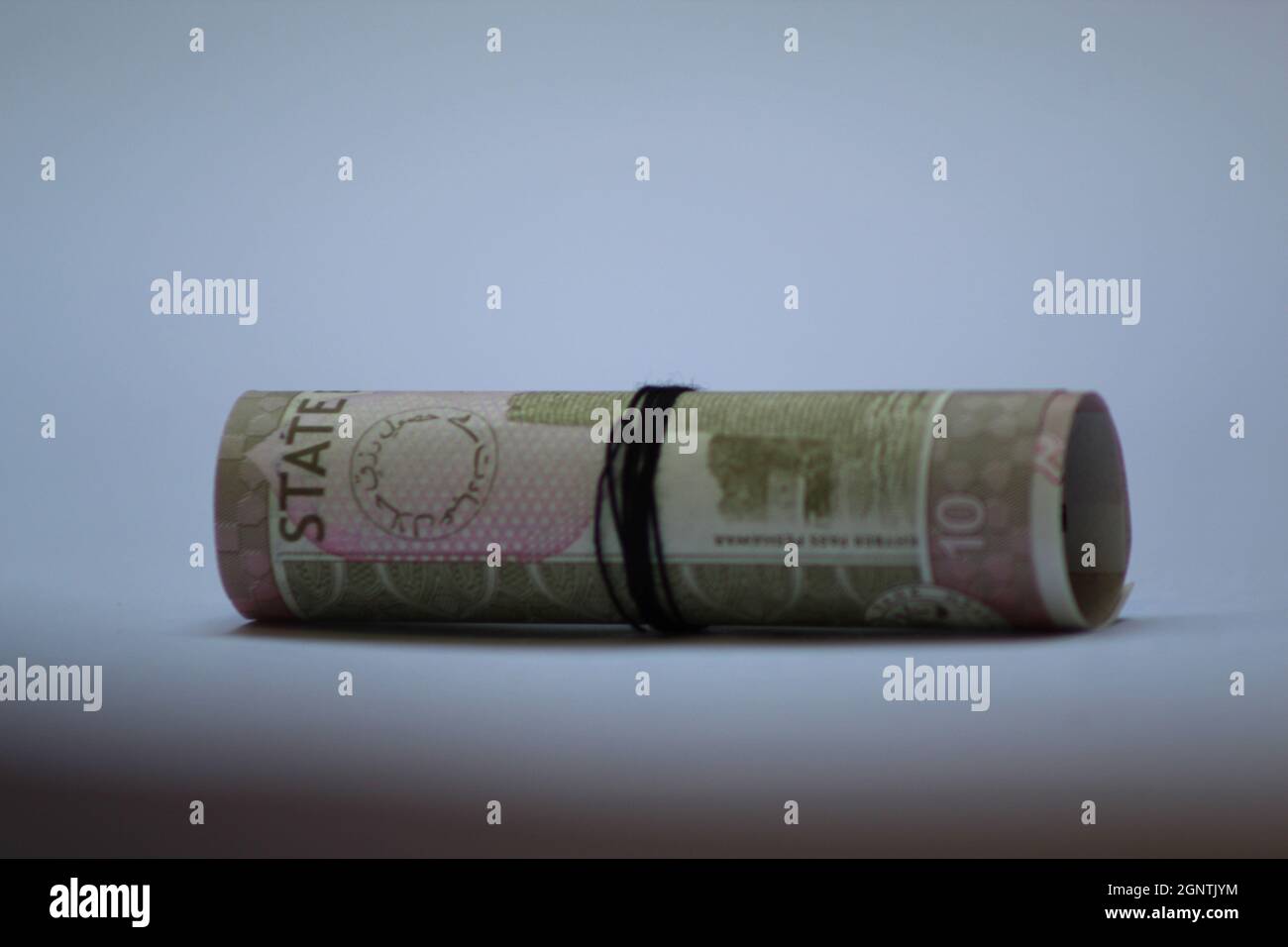 Pakistan Banknote papier rouleau de monnaie de pkr - 10 roupies isolées sur fond blanc extrêmement gros plan Banque D'Images