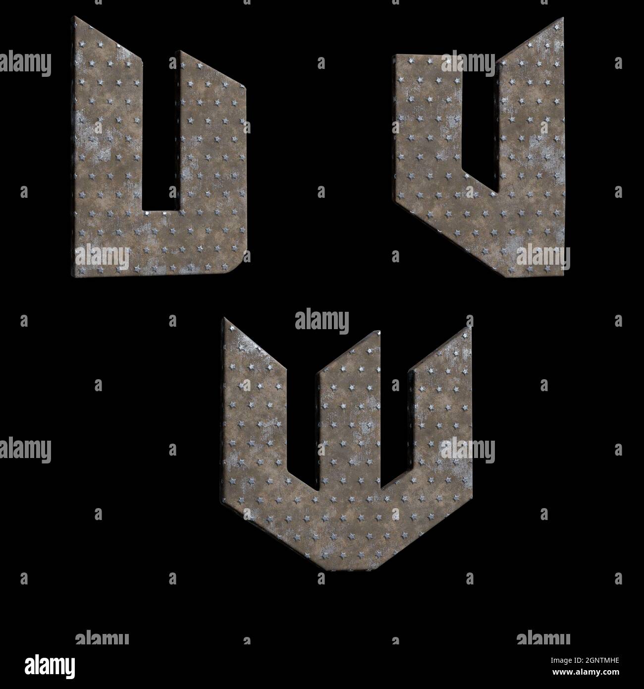 Rendu 3D de l'alphabet de la plaque en étoile métallique - lettres U-W. Banque D'Images
