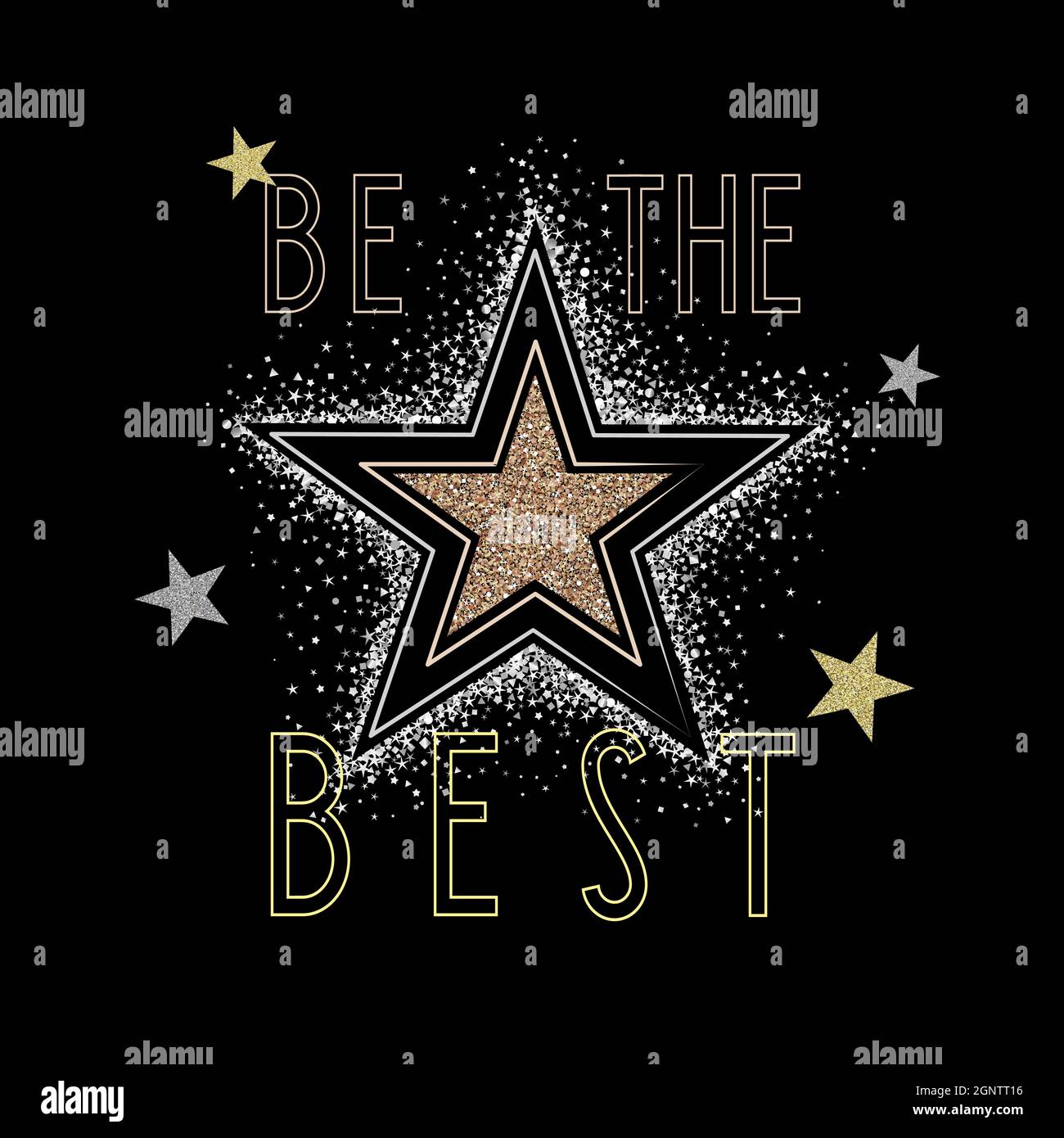 Imprimé vectoriel avec texte « be the BEST » et étoiles scintillantes. Brillez comme une œuvre d'art en étoile sur fond noir pour un t-shirt ou d'autres utilisations Illustration de Vecteur