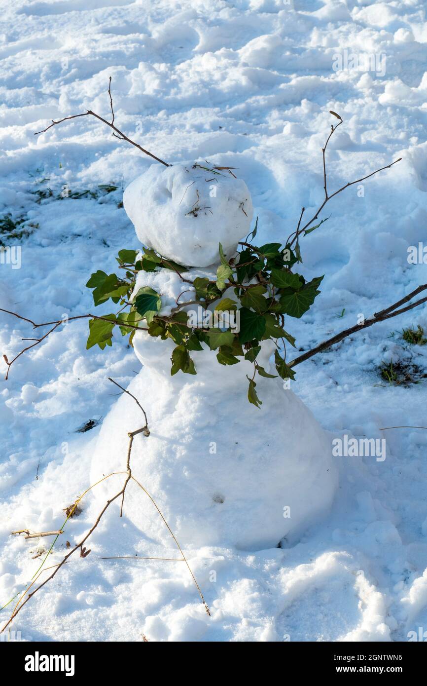 Schneefrau, Schneefrau mit einem Schal aus Efeu auf einer Wiese Banque D'Images