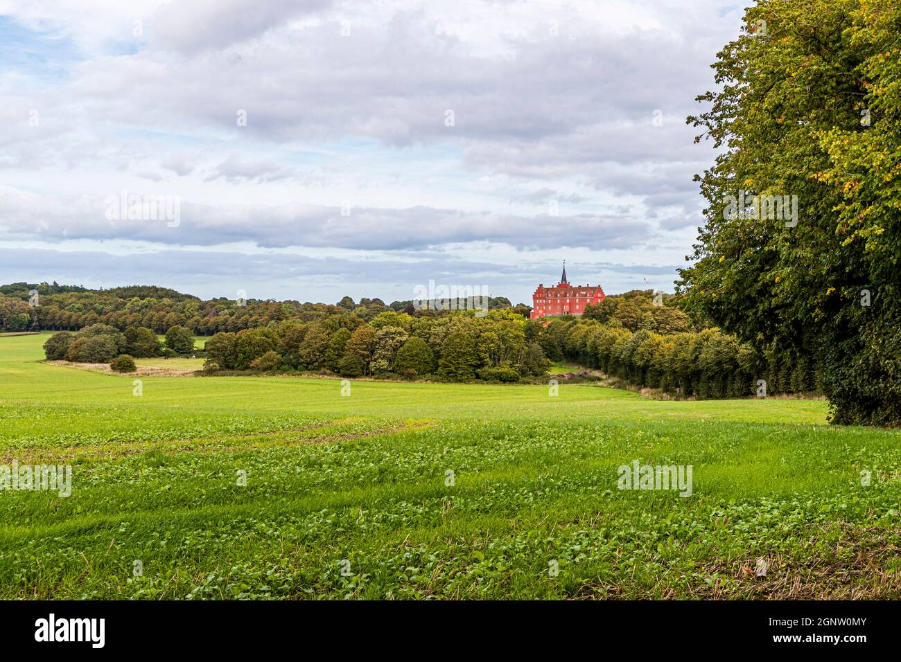 Le château de Tranekær est rouge dans le parc. Le château existe sur ce site depuis le XIIIe siècle et a été utilisé comme résidence officielle par les fonctionnaires du roi danois sur l'île de Langeland, au Danemark Banque D'Images