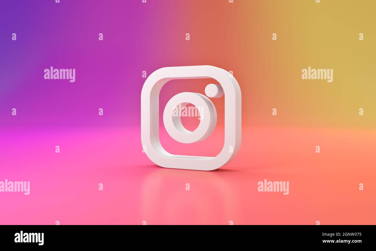 Logo Instagram avec espace pour le texte et les graphiques. Arrière-plan Rainbow. Rendu 3d. Banque D'Images