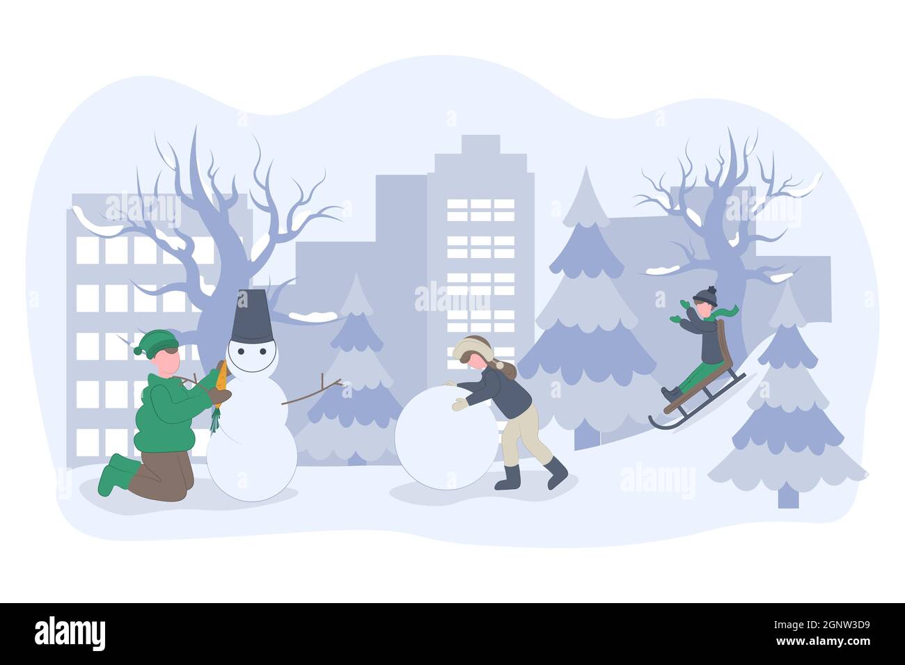 Neige en plein air enfants. Enfants jouant dans la neige, faisant bonhomme de neige. Vacances d'hiver. Un gamin actif et joyeux, une promenade en traîneau Illustration de Vecteur