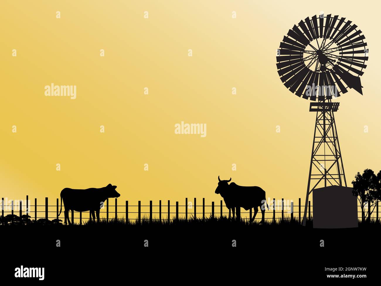 moulin à vent de style ancien avec clôture de silhouette de deux vaches et fond jaune Illustration de Vecteur