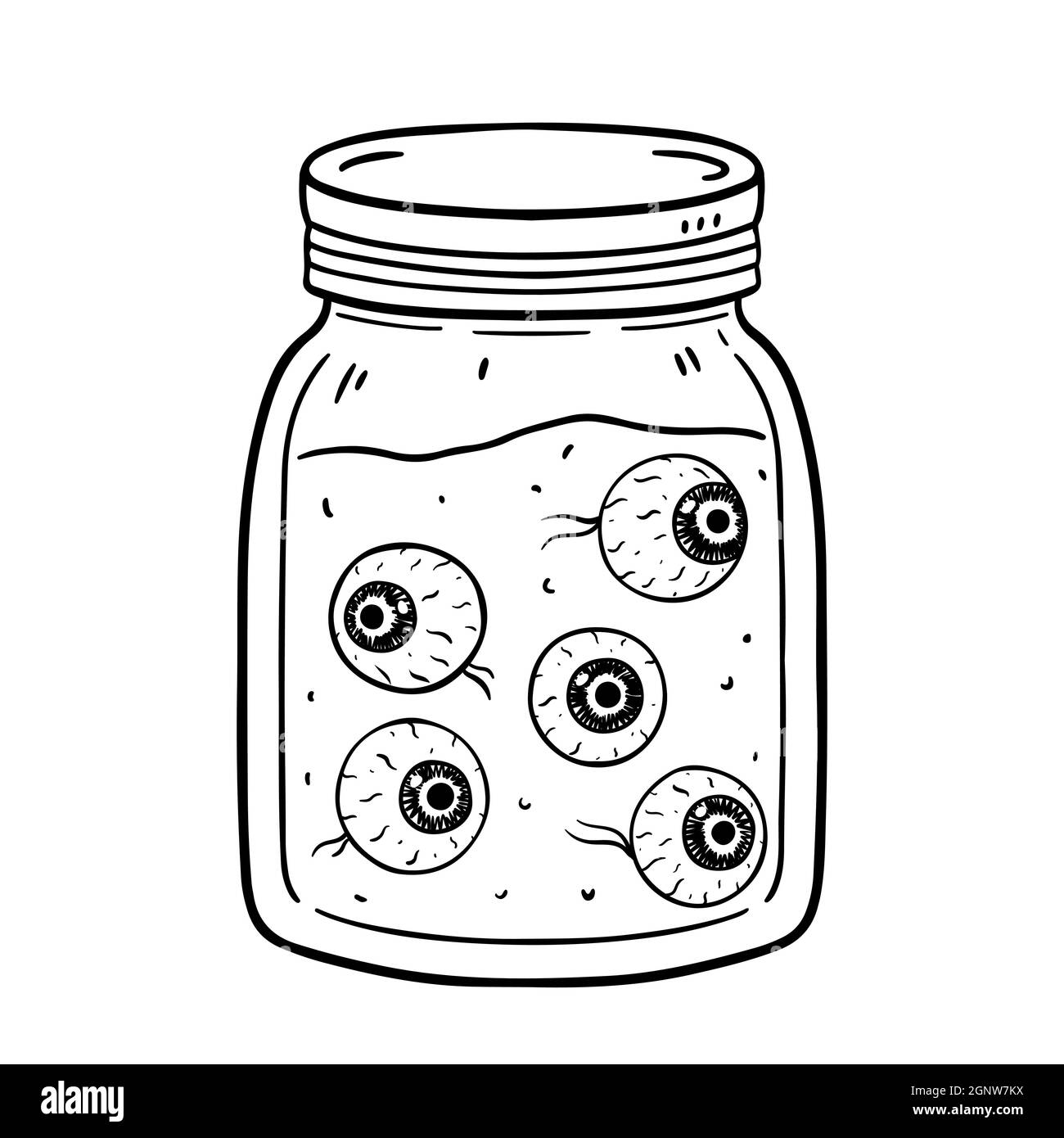 Pot en verre avec globes oculaires dans un liquide isolé sur fond blanc. Illustration vectorielle dessinée à la main dans un style doodle. Parfait pour les motifs, les cartes et le logo d'Halloween Illustration de Vecteur