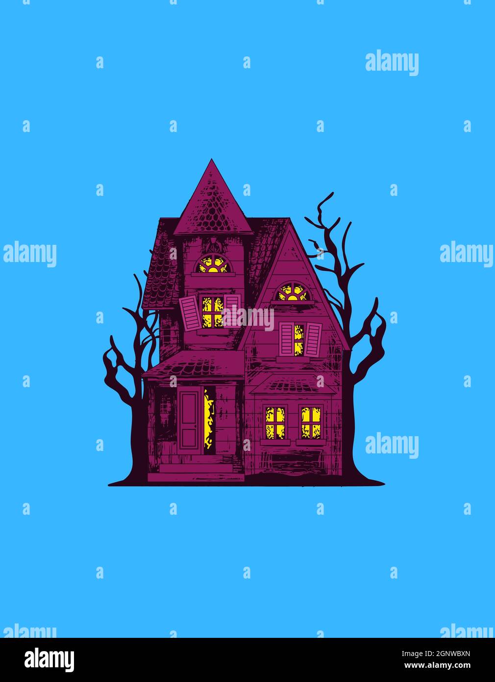 Illustration de nuit d'horreur, âme sombre, halloween, maison d'horreur, zombie,squelette, attaque de nuit, lune, loup, sur fond bleu commercial, illustration vectorielle Banque D'Images