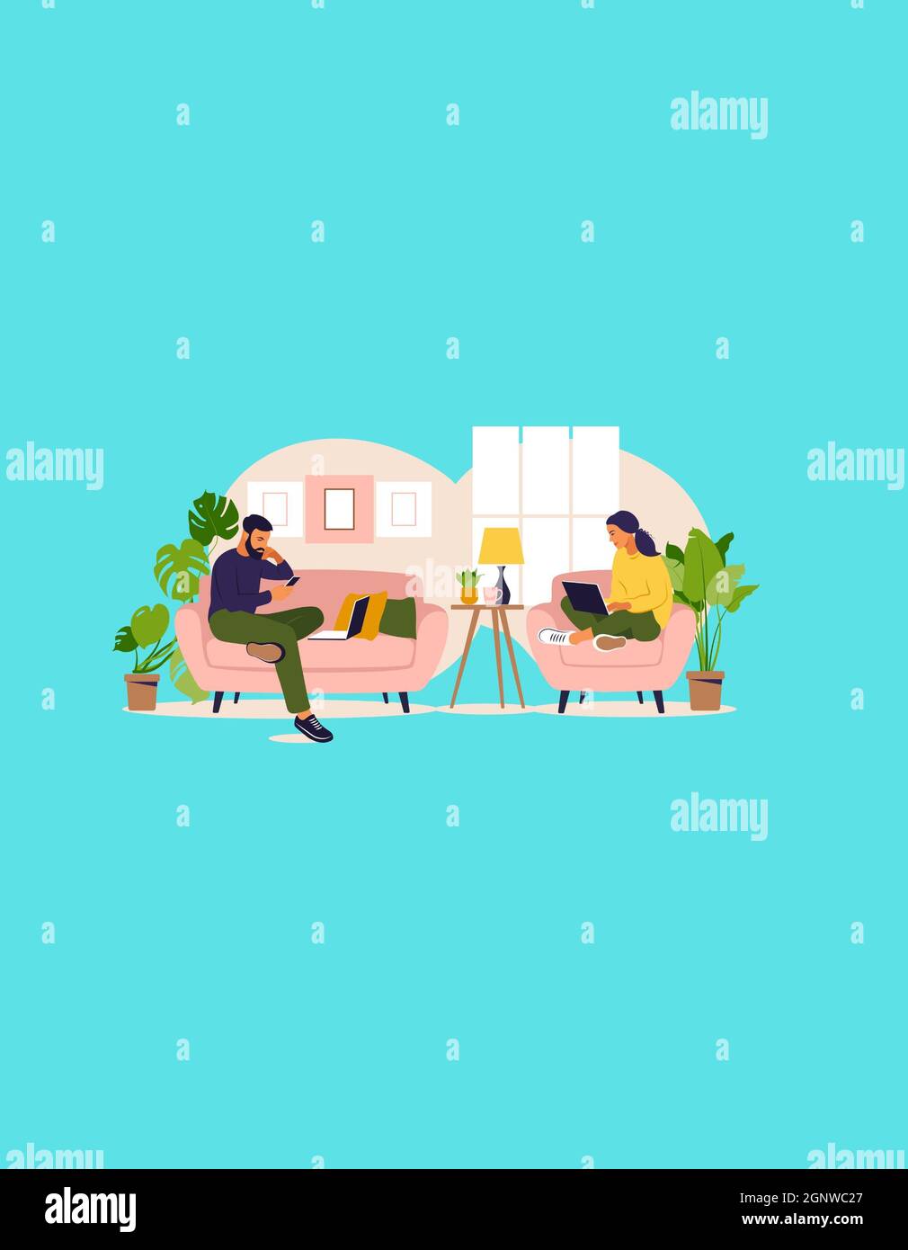 Travail à domicile freelance, rester à la maison, externalisation, marketing, ordinateur portable,travail d'équipe, homme, femme, travail, illustration vectorielle Banque D'Images