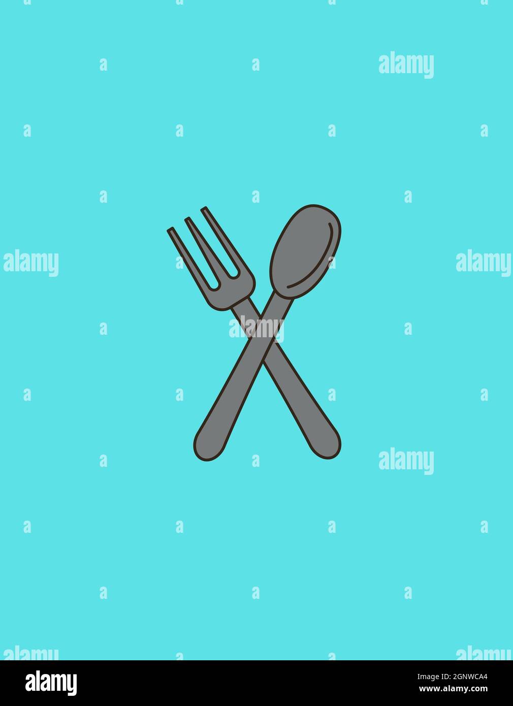 Illustration de crème glacée, sandwichs, fourchette, cuillère, logo de nourriture écologique sur fond bleu commercial Banque D'Images