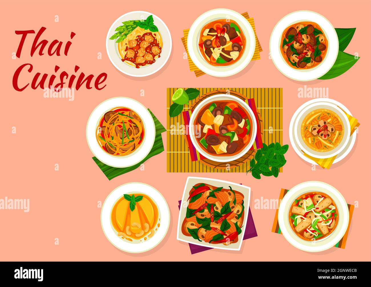 Cuisine thaïlandaise, plats vectoriels avec des plats asiatiques de viande, de poisson et de légumes. Nouilles de riz au poulet et curry aux champignons, bœuf à la sauce aux huîtres, sautés au saumon, basilic et tofu aux légumes, dessert à l'ananas Illustration de Vecteur