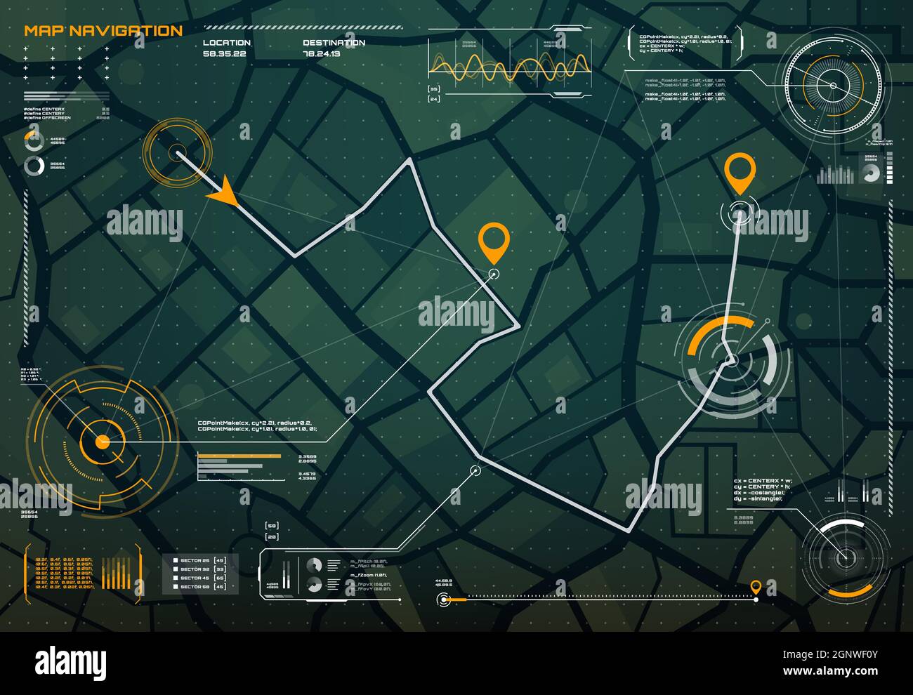 Interface d'écran de navigation HUD ou carte de ville avec boussole, graphiques et points de carte, vecteur. Carte routière HUD ou carte de la ville avec broches de localisation par satellite et direction de l'itinéraire de circulation, application intelligente Illustration de Vecteur