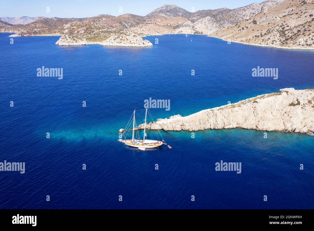Vue aérienne de la baie de Loryma (Bozukkale), Bozburun Marmaris Turquie. Banque D'Images