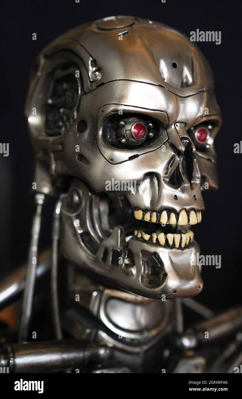 Une vue rapprochée du crâne d'un endosquelette T-800 de taille réelle du film 1991 'Terminator 2: Jugement Day' (est: £60,000 - 80,000) lors d'un aperçu de la vente aux enchères de souvenirs à venir par le Prop Store à Chorleywood, Hertfordshire. Date de la photo: Mercredi 15 septembre 2021. Banque D'Images