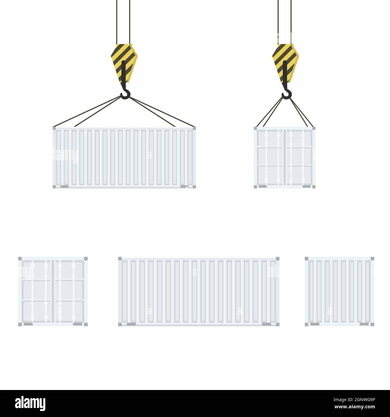 Ensemble de conteneurs de chargement avec vue arrière avant et latérale. Conteneur d'expédition de fret suspendu sur crochet de grue. Illustration vectorielle de style plat. Illustration de Vecteur