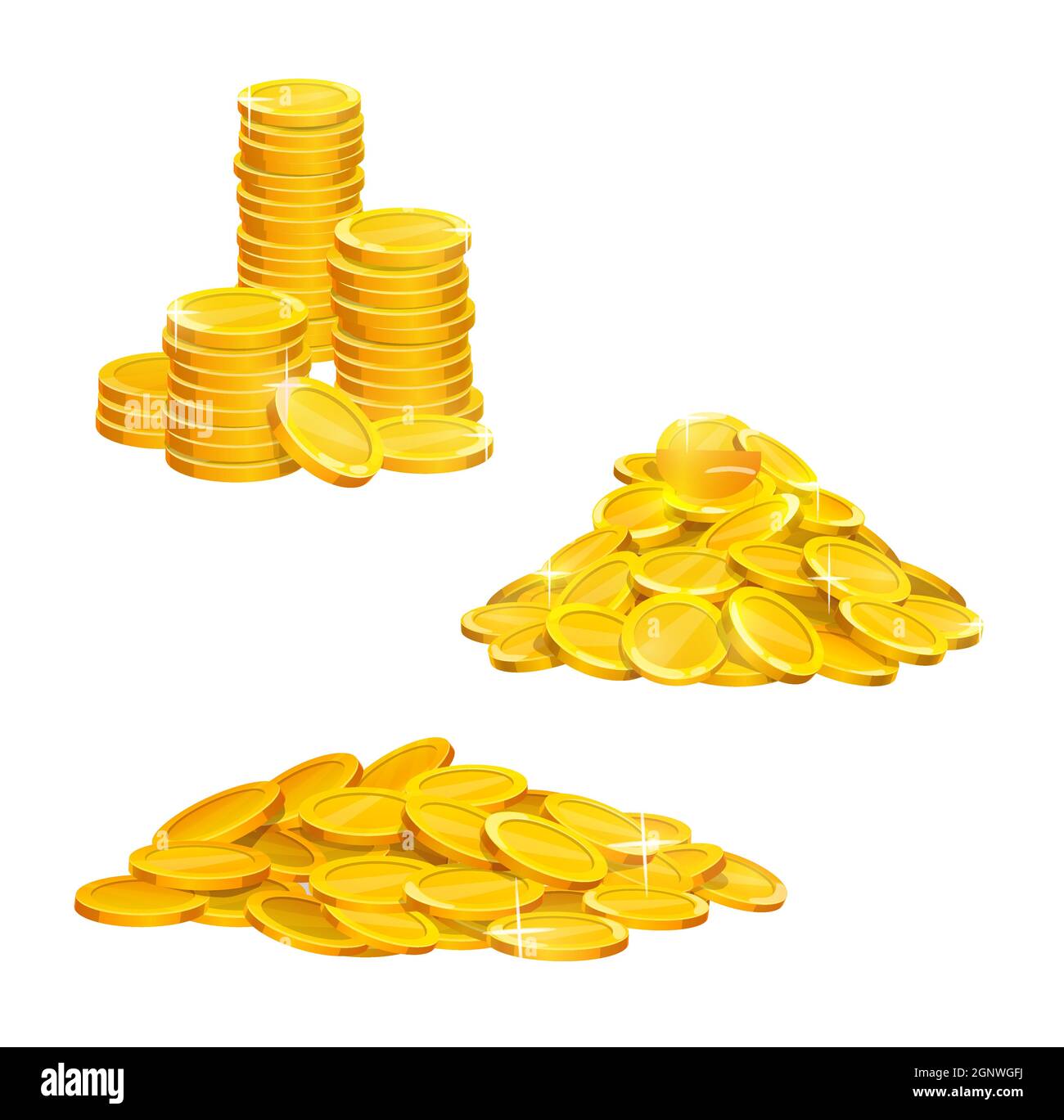 Caricature de pièces de monnaie en or pile et piles, icônes d'argent en or vectoriel. Monnaie de pièces d'or, piles d'or brillant et tas de pièces isolées sur blanc pour le revenu et l'investissement ou la richesse de l'argent Illustration de Vecteur