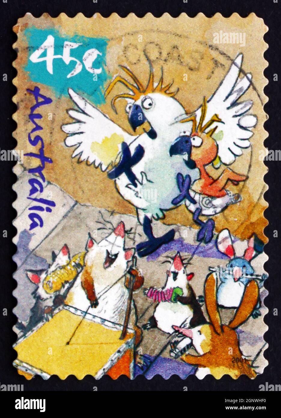 AUSTRALIE - VERS 2001 : un timbre imprimé en Australie montre les musiciens de Bilby et d'Antechinus, Dancing Cockatoo, caricature de la faune de Roland Harv Banque D'Images