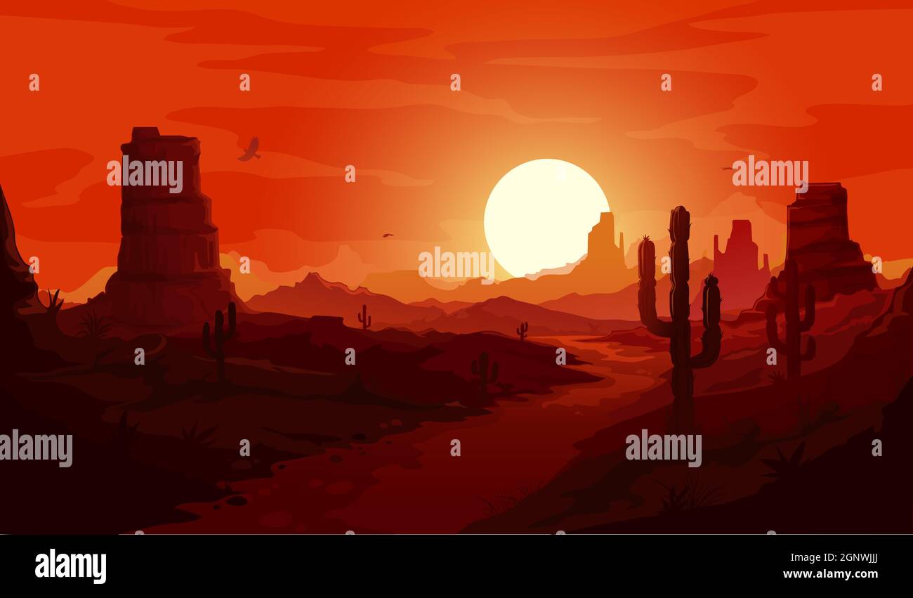 Paysage américain du désert. Montagnes et cactus de l'ouest du Texas, aigles condor et arrière-plan du coucher du soleil. Vector Wild West Dry Desert paysage avec chemin à travers les rochers sous le ciel rouge au crépuscule Illustration de Vecteur