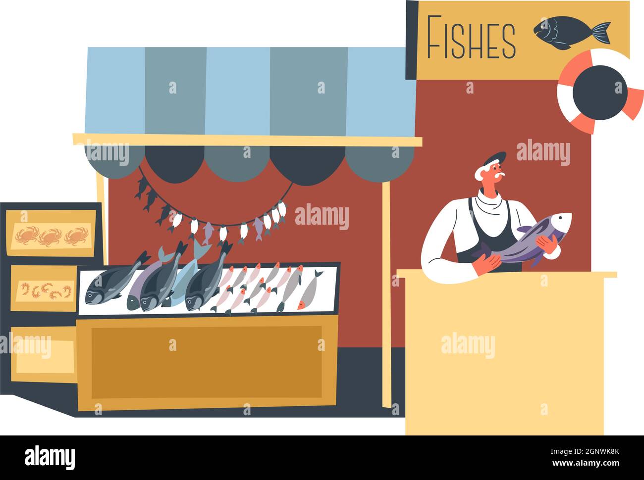 Magasin de poisson avec produits frais, stand ou magasin Illustration de Vecteur