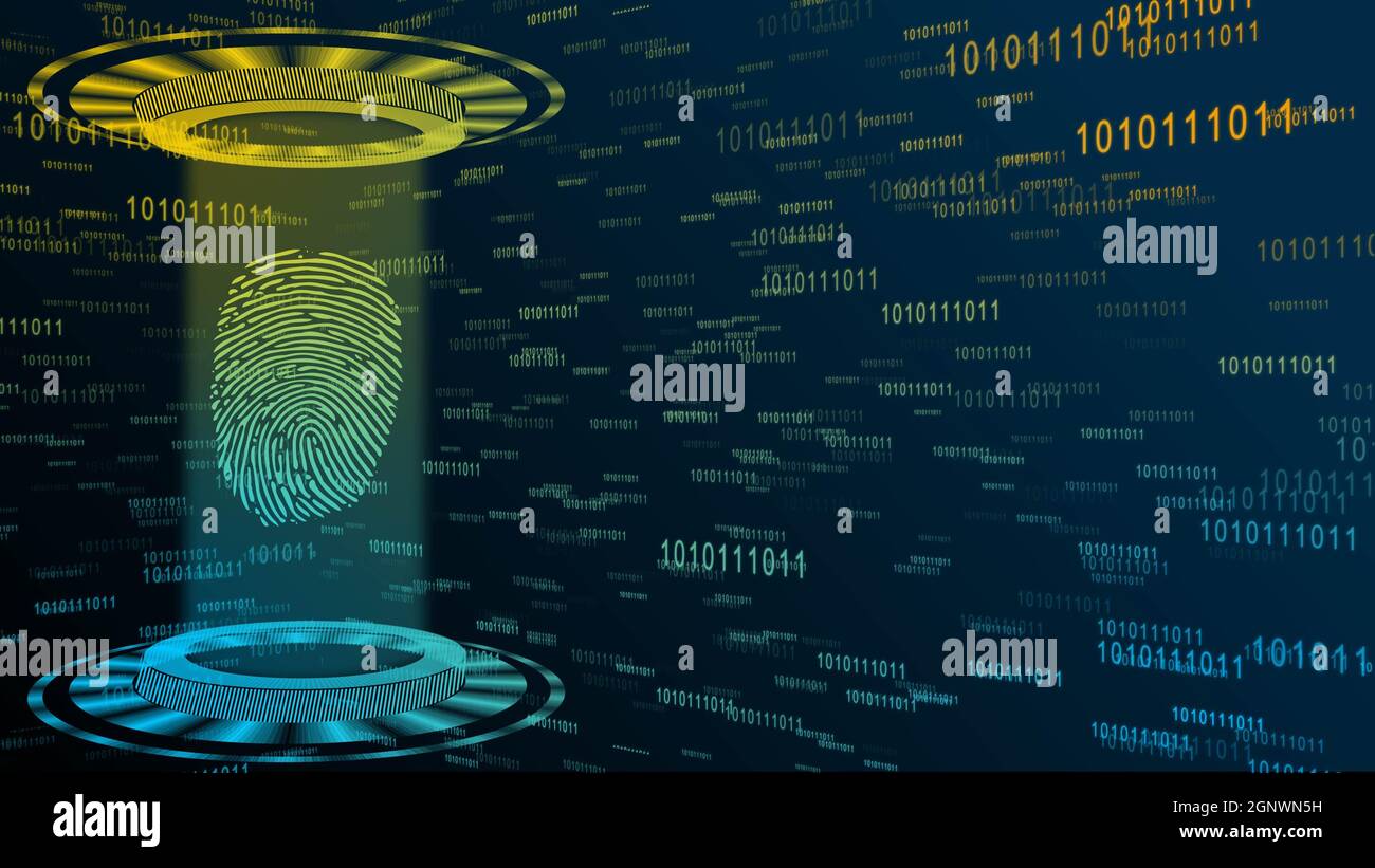 Illustration graphique 3D abstraite sur fond numérique multicolore - faisceau lumineux brillant en forme de cylindre avec empreinte flottante à l'intérieur du HUD circulaire Banque D'Images